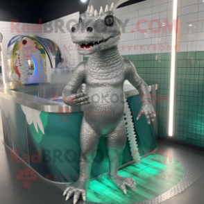 Silver Crocodile mascot costume character dressed with a Swimwear and Earrings