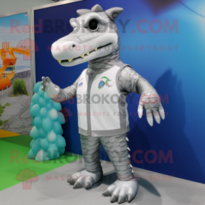 Silver Crocodile mascot costume character dressed with a Swimwear and Earrings