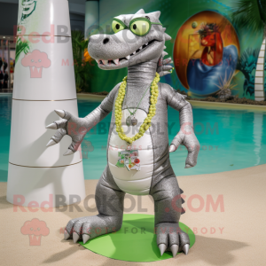 Silver Crocodile mascot costume character dressed with a Swimwear and Earrings