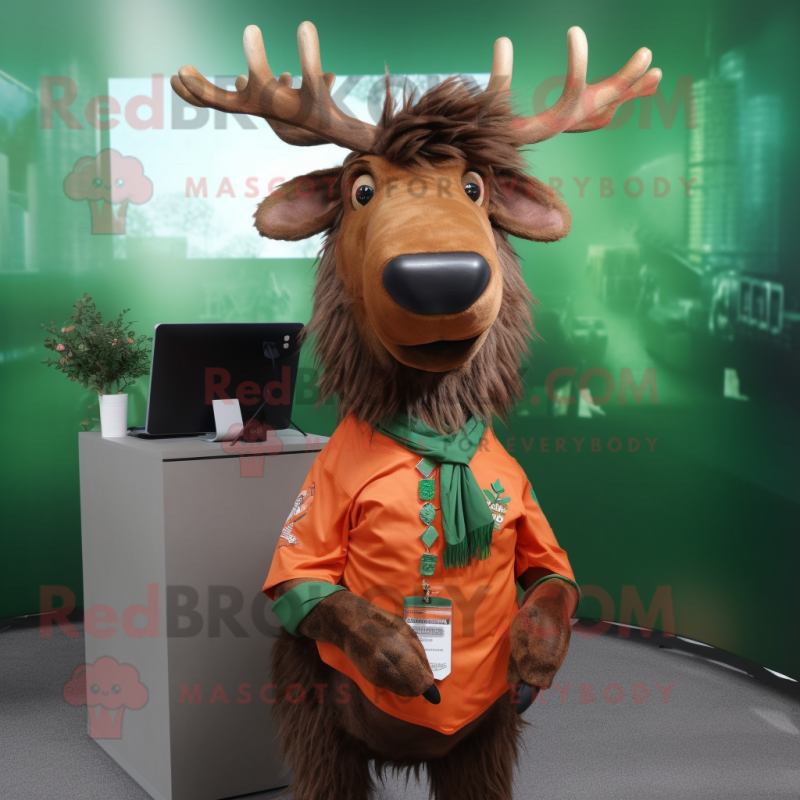 Rust Irish Elk mascot costume character dressed with a Poplin Shirt and Hair clips Rust Irish Elk mascot costume character dressed with a Poplin Shirt and Hair clips