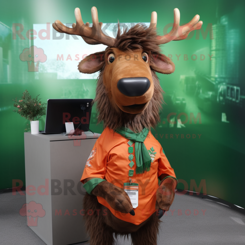 Rust Irish Elk mascot costume character dressed with a Poplin Shirt and Hair clips