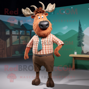 Rust Irish Elk mascot costume character dressed with a Poplin Shirt and Hair clips