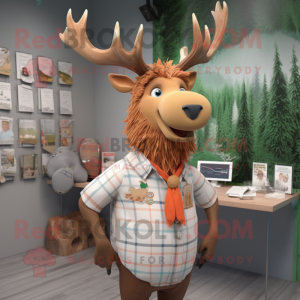 Rust Irish Elk mascot costume character dressed with a Poplin Shirt and Hair clips