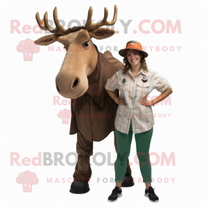 Rust Irish Elk mascot costume character dressed with a Poplin Shirt and Hair clips