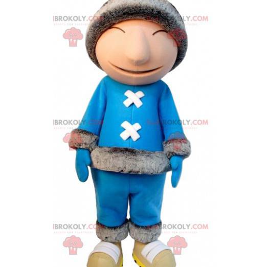 Inuitský maskot v modrém oblečení a kožešinové čepici -