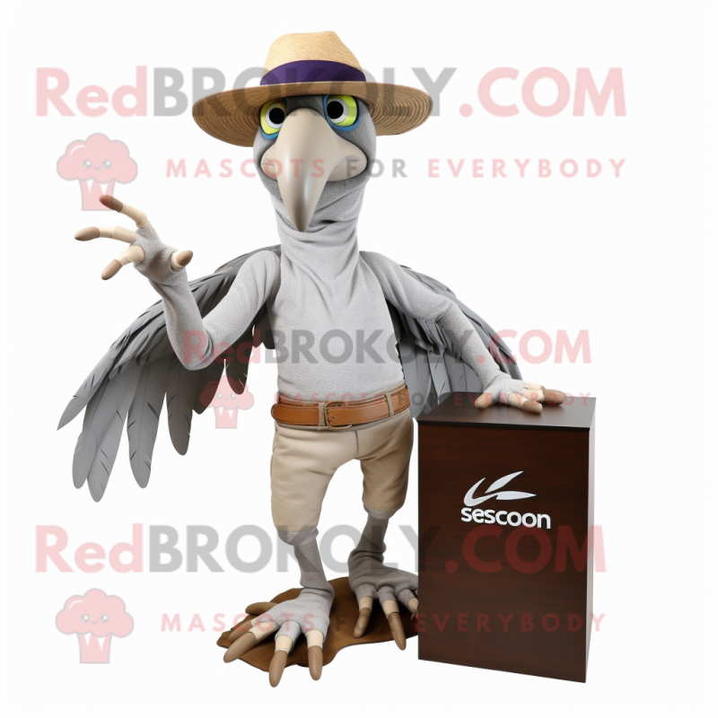 Silver Archeopteryx mascot costume character dressed with a Chinos and Hat pins Silver Archeopteryx mascot costume character dressed with a Chinos and Hat pins