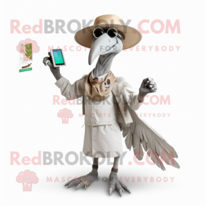 Silver Archeopteryx mascot costume character dressed with a Chinos and Hat pins