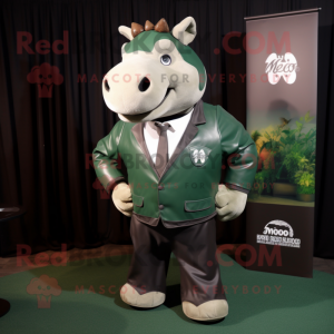 Forest Green Rhinoceros mascot costume character dressed with a Leather Jacket and Pocket squares