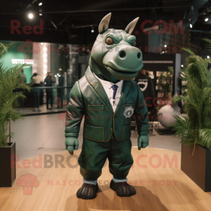 Forest Green Rhinoceros mascot costume character dressed with a Leather Jacket and Pocket squares