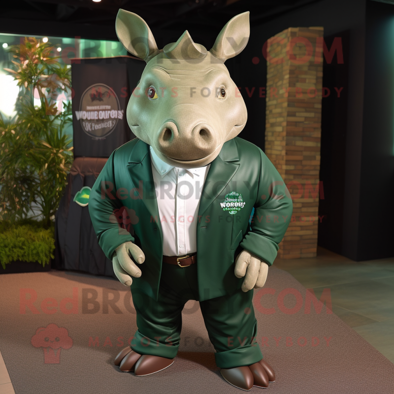 Forest Green Rhinoceros mascot costume character dressed with a Leather Jacket and Pocket squares