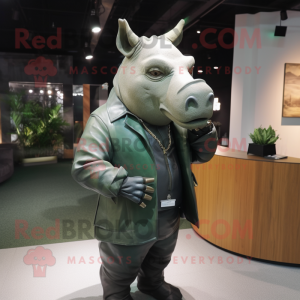 Forest Green Rhinoceros mascot costume character dressed with a Leather Jacket and Pocket squares