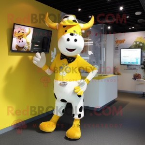 Lemon Yellow Jersey Cow mascot costume character dressed with a Chinos and Hairpins