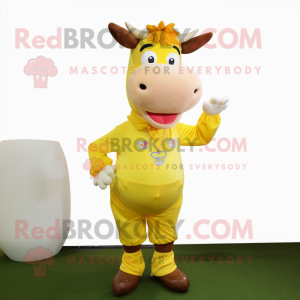 Lemon Yellow Jersey Cow mascot costume character dressed with a Chinos and Hairpins