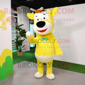 Lemon Yellow Jersey Cow mascot costume character dressed with a Chinos and Hairpins