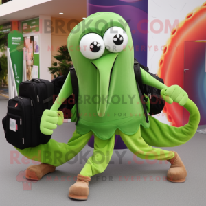 Olive Octopus mascot costume character dressed with a Running Shorts and Messenger bags