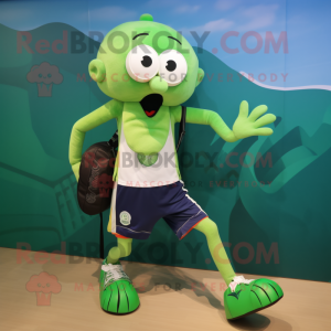 Olive Octopus mascot costume character dressed with a Running Shorts and Messenger bags