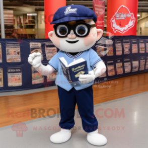 Navy Pho mascot costume character dressed with a Mom Jeans and Reading glasses