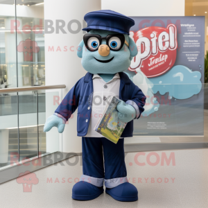 Navy Pho mascot costume character dressed with a Mom Jeans and Reading glasses
