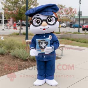 Navy Pho mascot costume character dressed with a Mom Jeans and Reading glasses