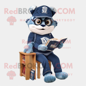 Navy Pho mascot costume character dressed with a Mom Jeans and Reading glasses