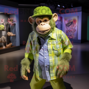 Lime Green Chimpanzee mascot costume character dressed with a Chambray Shirt and Hats