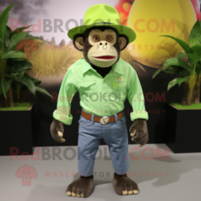 Lime Green Chimpanzee mascot costume character dressed with a Chambray Shirt and Hats