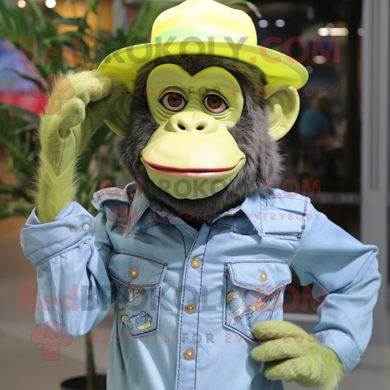 Lime Green Chimpanzee mascot costume character dressed with a Chambray Shirt and Hats