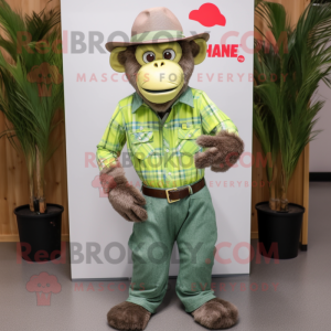 Lime Green Chimpanzee mascot costume character dressed with a Chambray Shirt and Hats