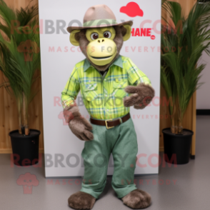 Lime Green Chimpanzee mascot costume character dressed with a Chambray Shirt and Hats