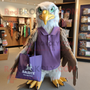 Lavender Haast'S Eagle mascot costume character dressed with a Vest and Tote bags