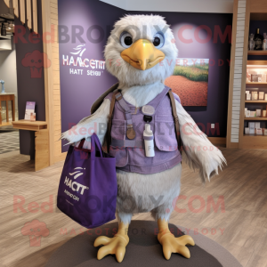 Lavender Haast'S Eagle mascot costume character dressed with a Vest and Tote bags