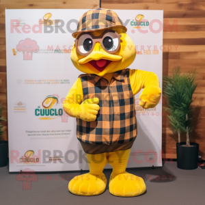 Yellow Butter Chicken mascot costume character dressed with a Flannel Shirt and Caps