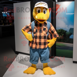 Yellow Butter Chicken mascot costume character dressed with a Flannel Shirt and Caps