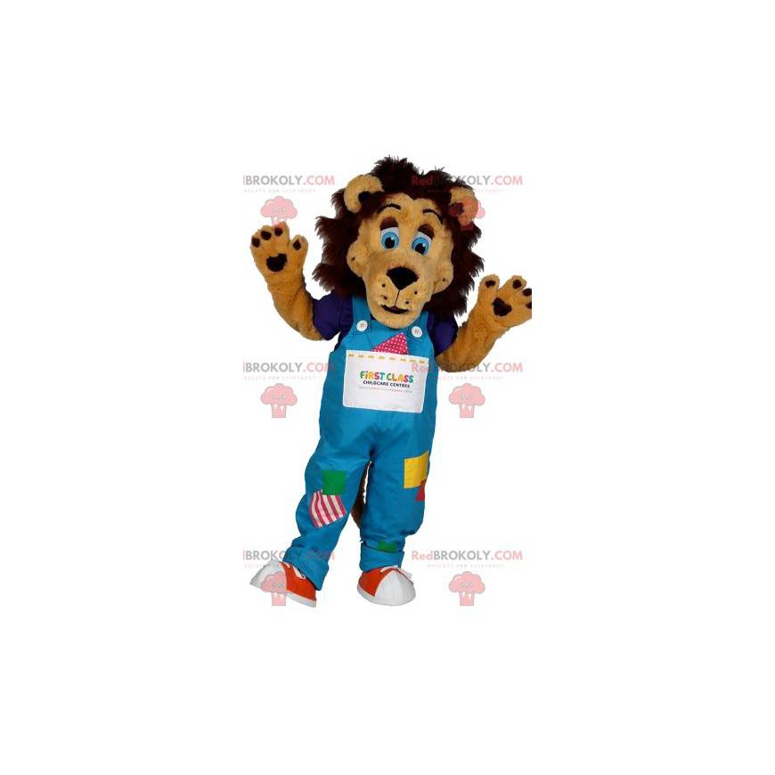 Lion mascot with patchwork style overalls - Redbrokoly.com