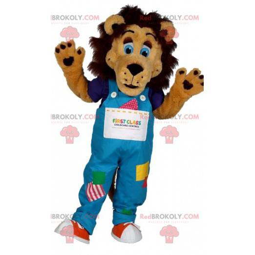 Lion maskot med overalls i lappeteil - Redbrokoly.com