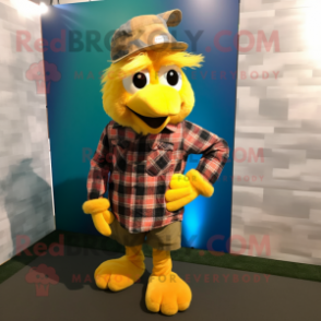 Yellow Butter Chicken mascot costume character dressed with a Flannel Shirt and Caps