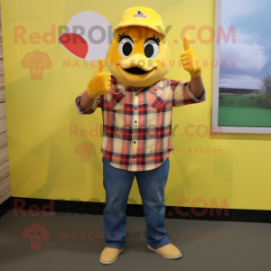 Yellow Butter Chicken mascot costume character dressed with a Flannel Shirt and Caps