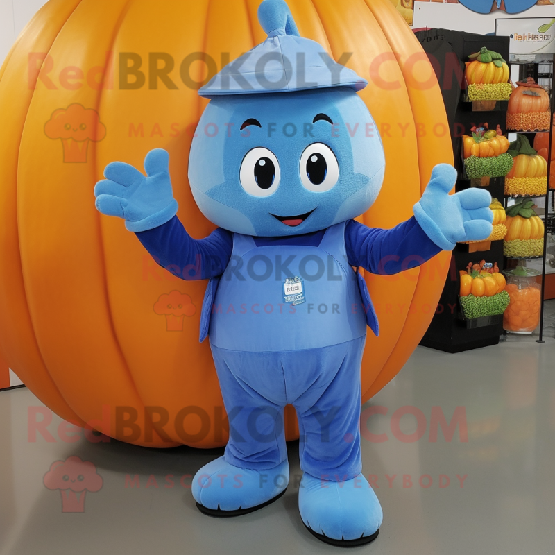 Blue Pumpkin mascot costume character dressed with a Overalls and Mittens