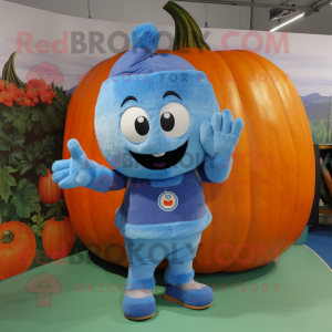 Blue Pumpkin mascot costume character dressed with a Overalls and Mittens