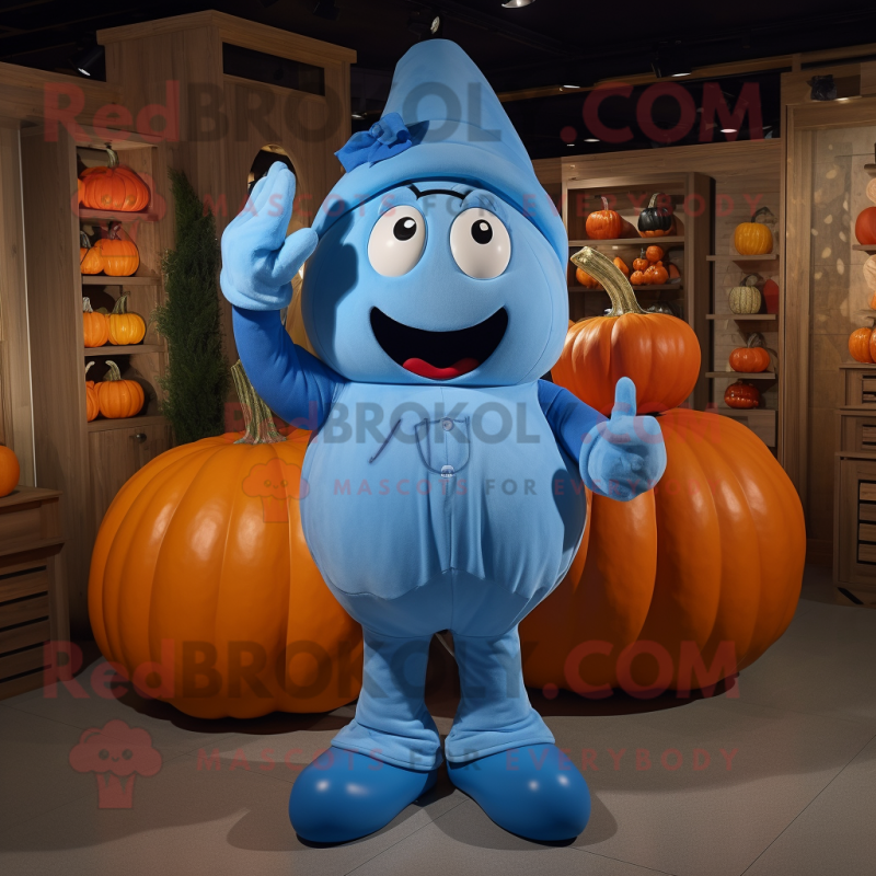 Blue Pumpkin mascot costume character dressed with a Overalls and Mittens