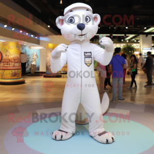 White Mongoose mascot costume character dressed with a Jumpsuit and Rings