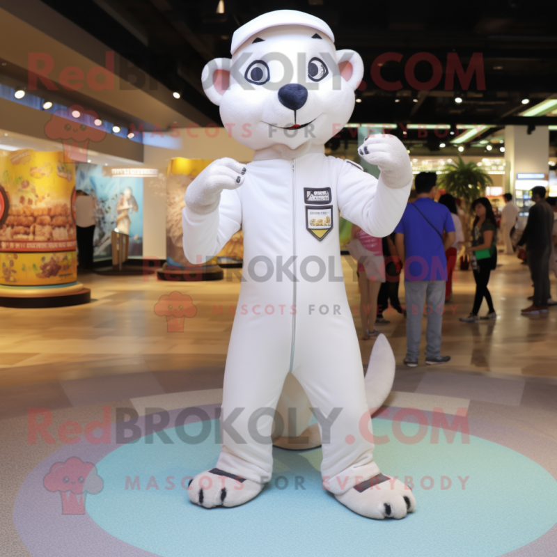 White Mongoose mascot costume character dressed with a Jumpsuit and Rings