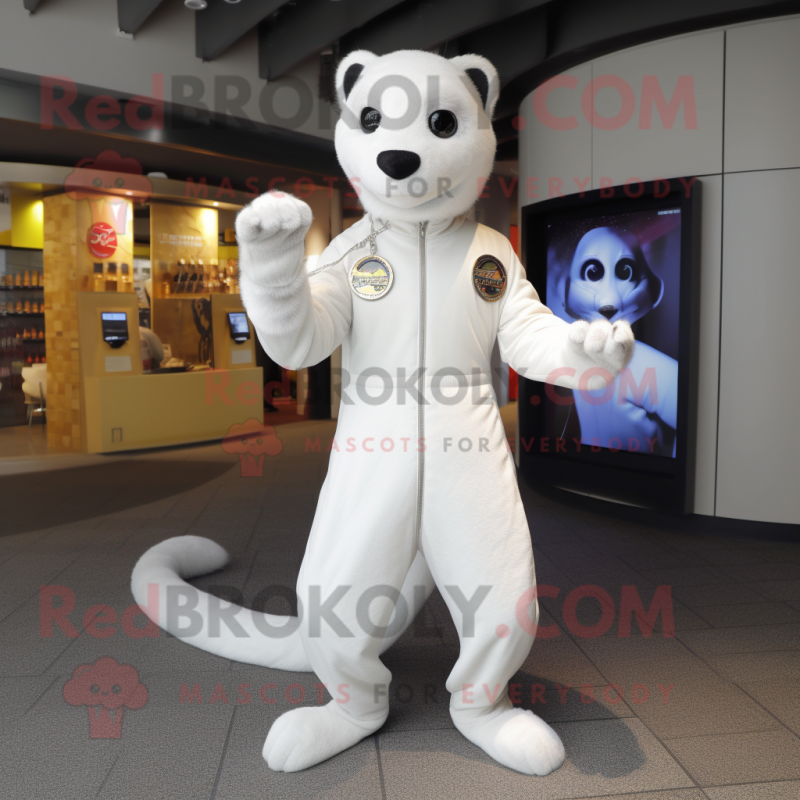 White Mongoose mascot costume character dressed with a Jumpsuit and Rings White Mongoose mascot costume character dressed with a Jumpsuit and Rings