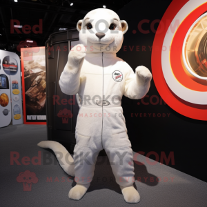 White Mongoose mascot costume character dressed with a Jumpsuit and Rings