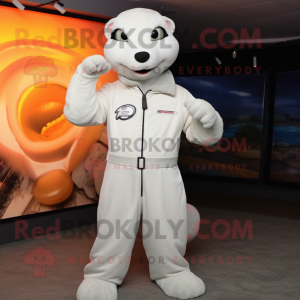 White Mongoose mascot costume character dressed with a Jumpsuit and Rings