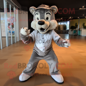 Silver Thylacosmilus mascot costume character dressed with a Joggers and Bow ties