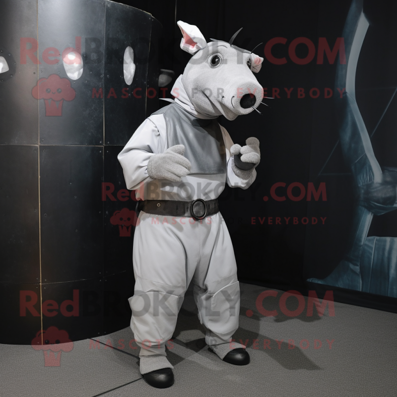 Silver Tapir mascot costume character dressed with a Overalls and Cummerbunds Silver Tapir mascot costume character dressed with a Overalls and Cummerbunds
