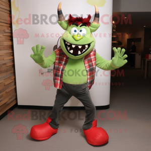 Olive Devil mascot costume character dressed with a Flannel Shirt and Shoe laces