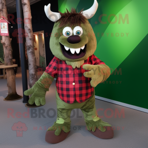 Olive Devil mascot costume character dressed with a Flannel Shirt and Shoe laces