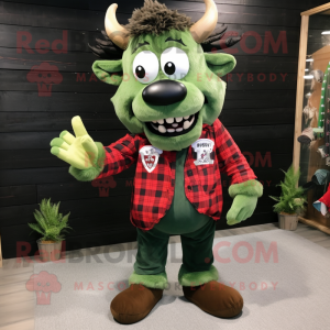 Olive Devil mascot costume character dressed with a Flannel Shirt and Shoe laces